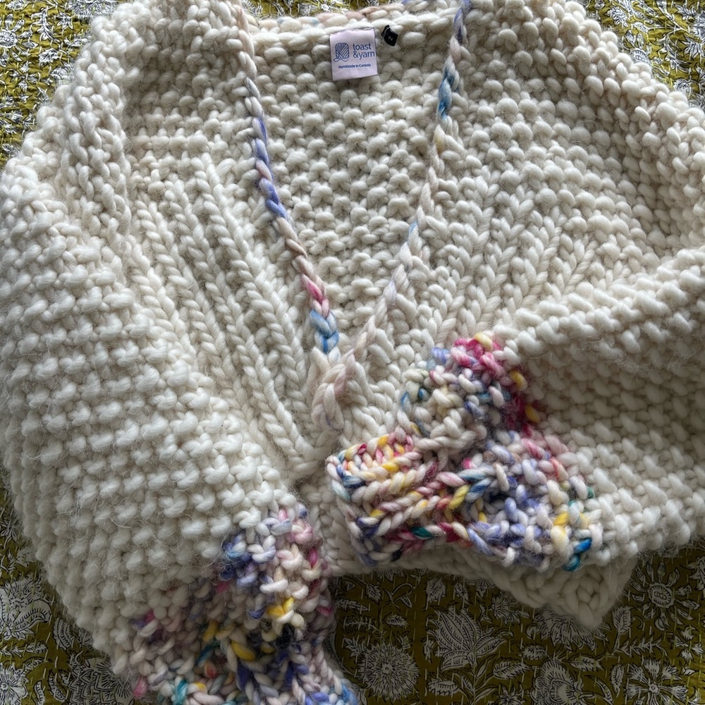 Toast & Yarn cardigan. Cream with multicolor sleeves. 100% merino wool.
